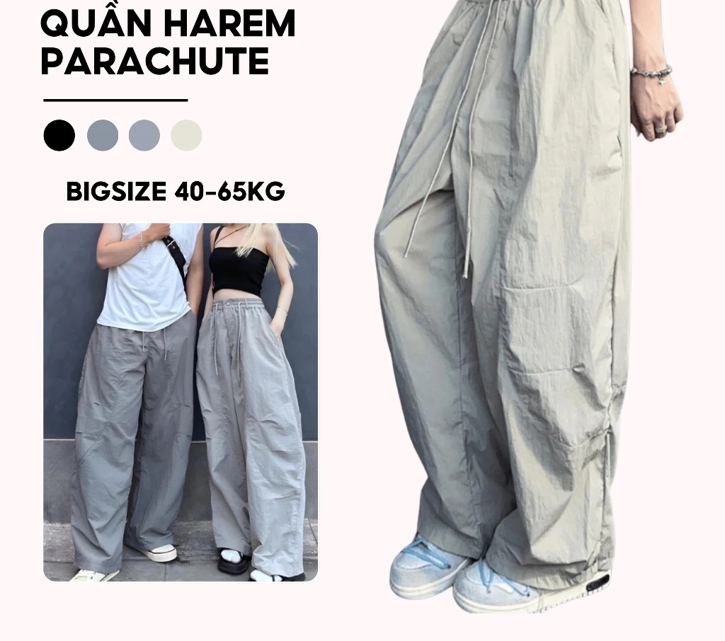 Quần ống rộng harem bigsize MunMiu gió nhăn 2 túi trước chất vải parachute dáng rộng unisex 993