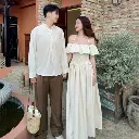 Couple Strong Shoulder Polo & Black Band Yellow Dress 
