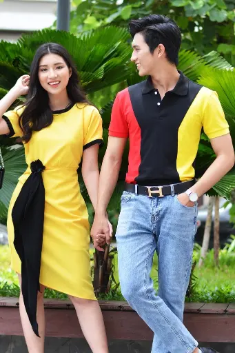 Couple Strong Shoulder Polo & Black Band Yellow Dress 